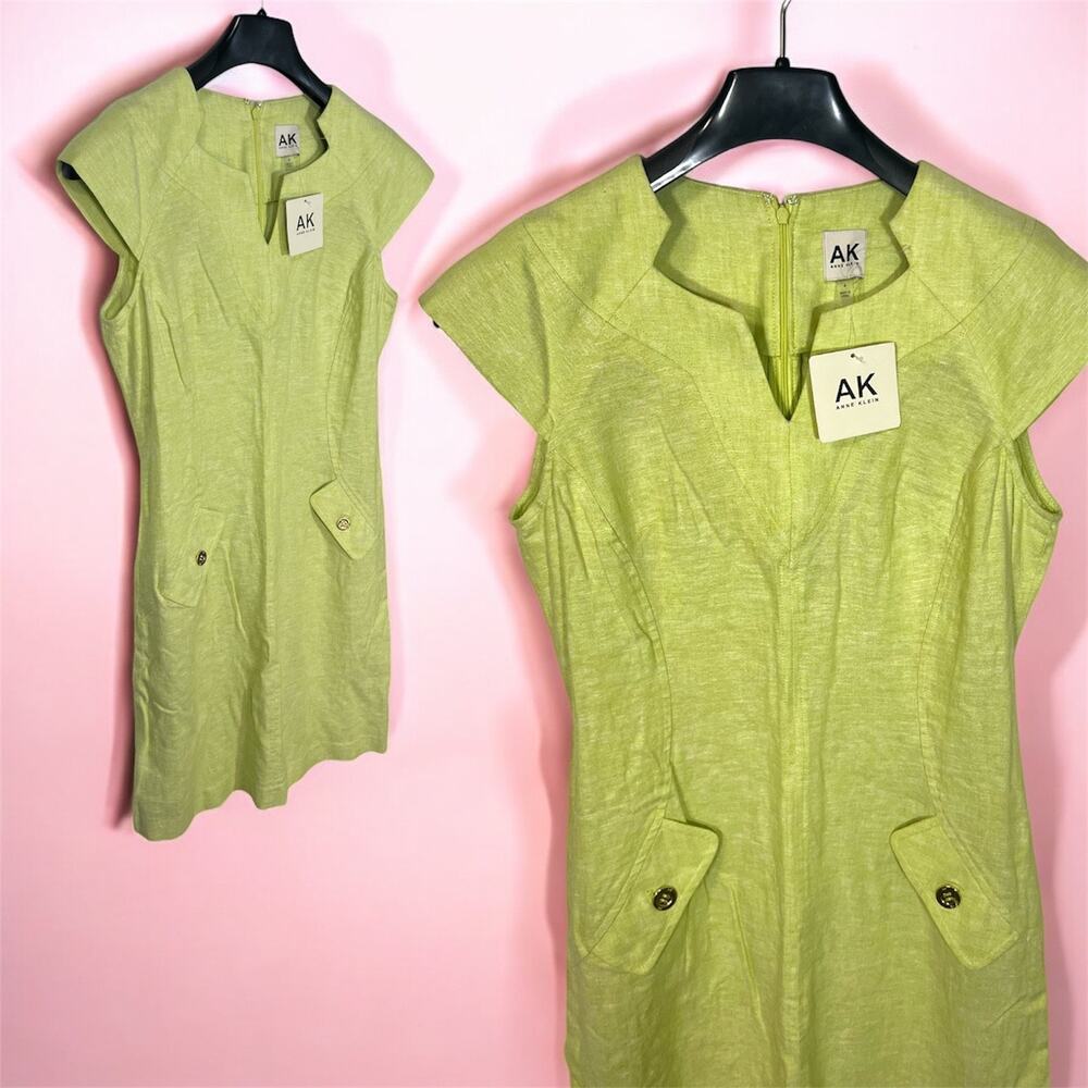 NWT Anne Klein Linen Dress Spring Green Size 4 Small Womens Knee Length Gown